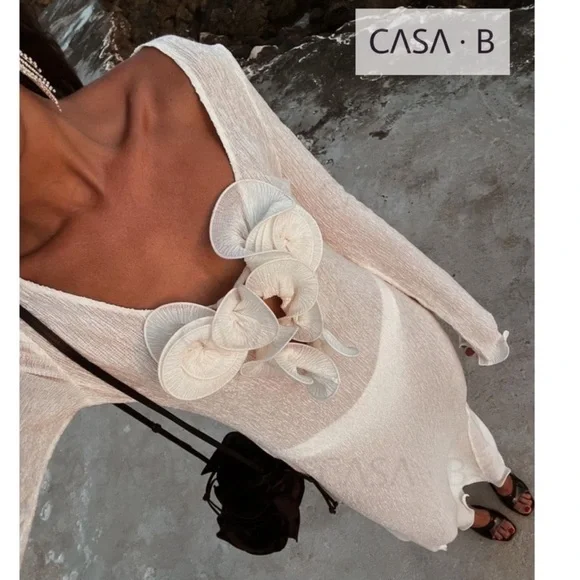 NEW to CASA B💫| Sameera Floral Declotte Shirred Ivory Sheer Midi Dress - Picture 1 of 12